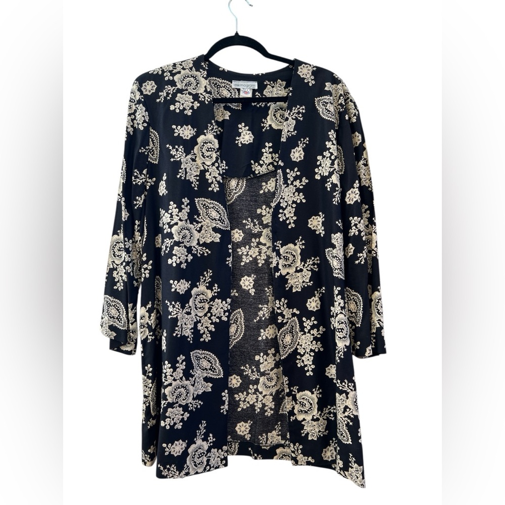 Lew Magram Black Gold Floral Kimono Duster Size 8 Vintage Made in USA Rayon